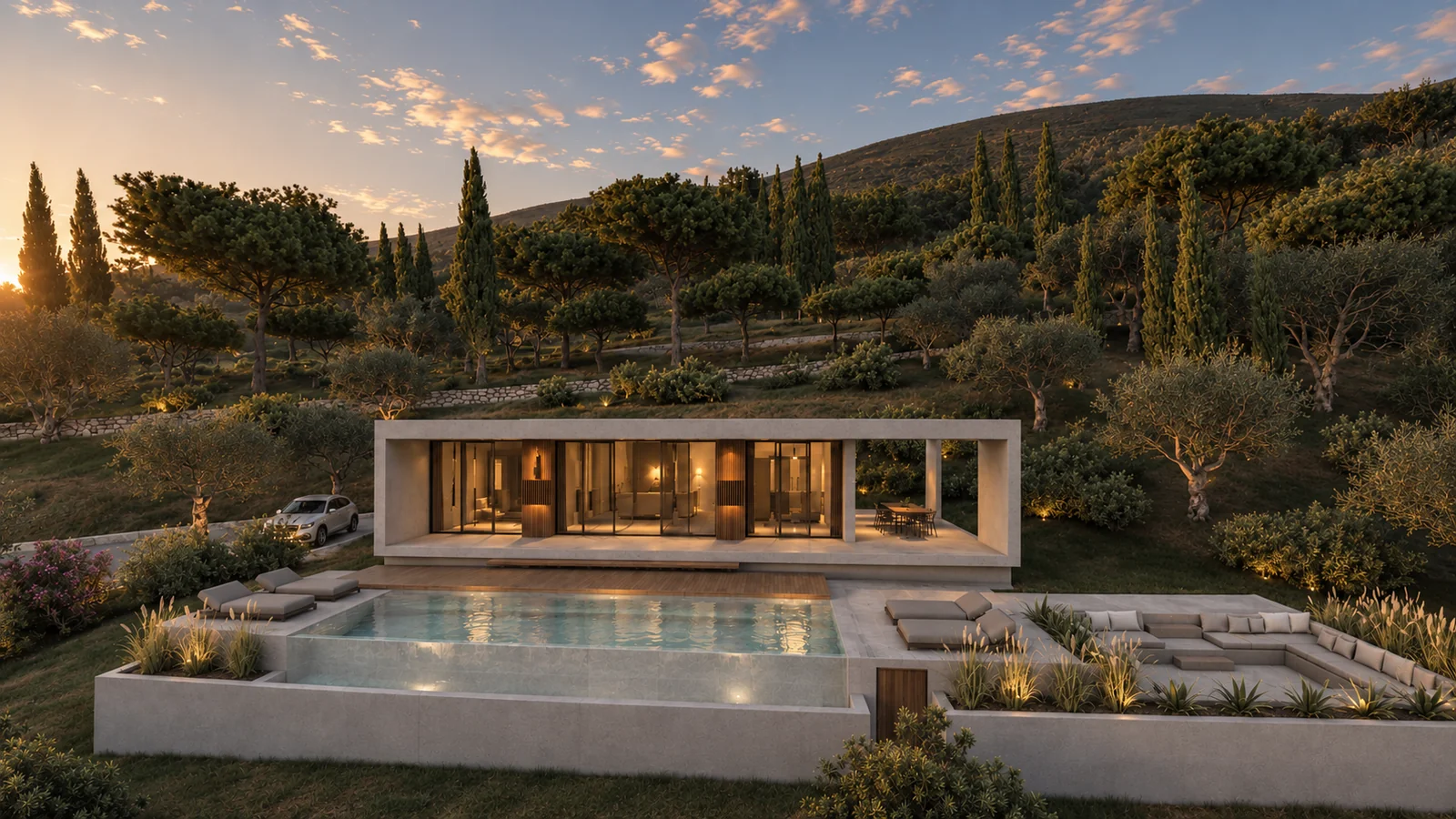 Architectural render of Villa Katsiki I viewed across its pool and outdoor seating at sunset