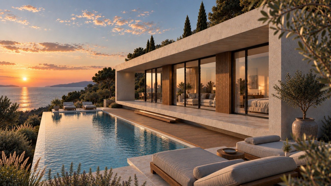 Architectural render of a villa’s private pool, timber deck and loungers overlooking the Ionian Sea at sunset