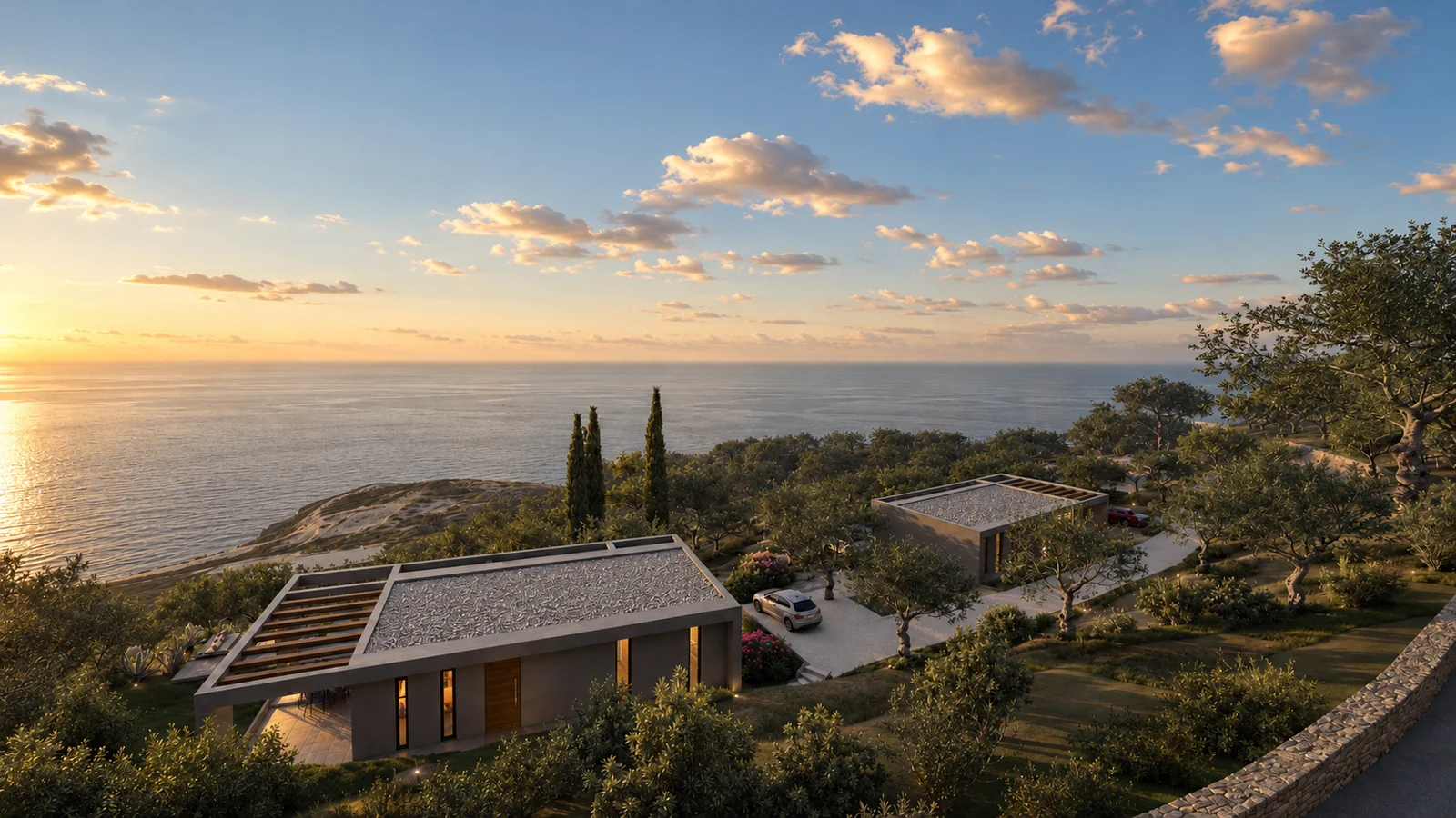 Architectural render showing both villas, their landscaped surroundings and the sea from above