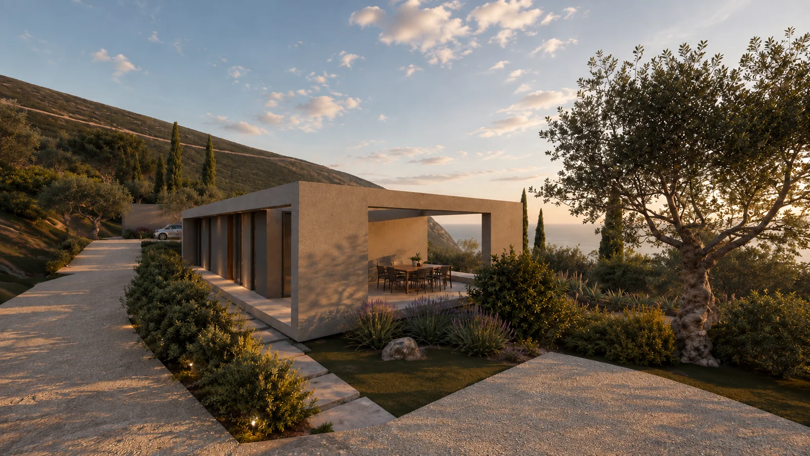 Architectural render of the side of Villa Katsiki II and its covered dining terrace at sunset