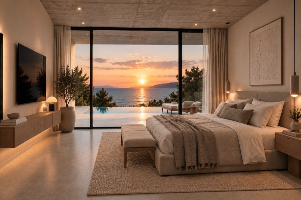 Architectural render of a bedroom in the shared villa design, with a king-size bed and view towards the pool and sea