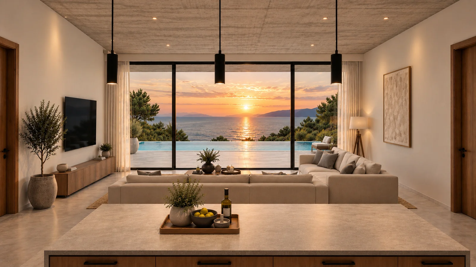 Architectural render of the shared villa interior design, looking from the kitchen through the living room towards the pool and sea