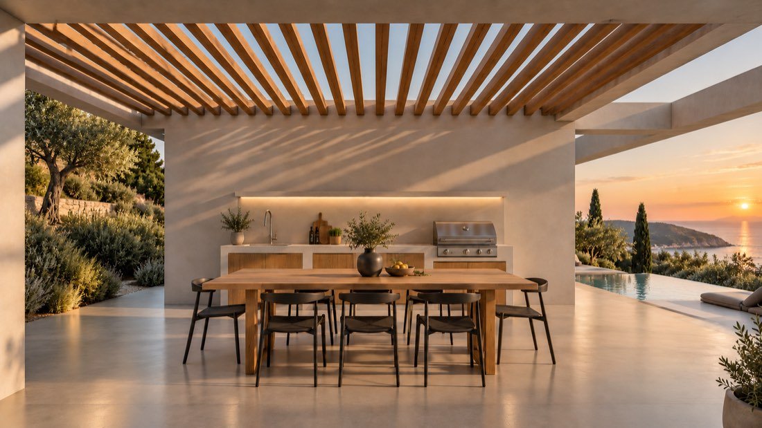 Architectural render of the villa design’s outdoor kitchen and dining terrace beside the pool