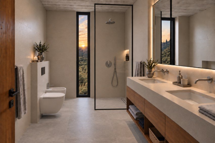 Architectural render of a bathroom in the shared villa design with warm lighting, shower and double basin