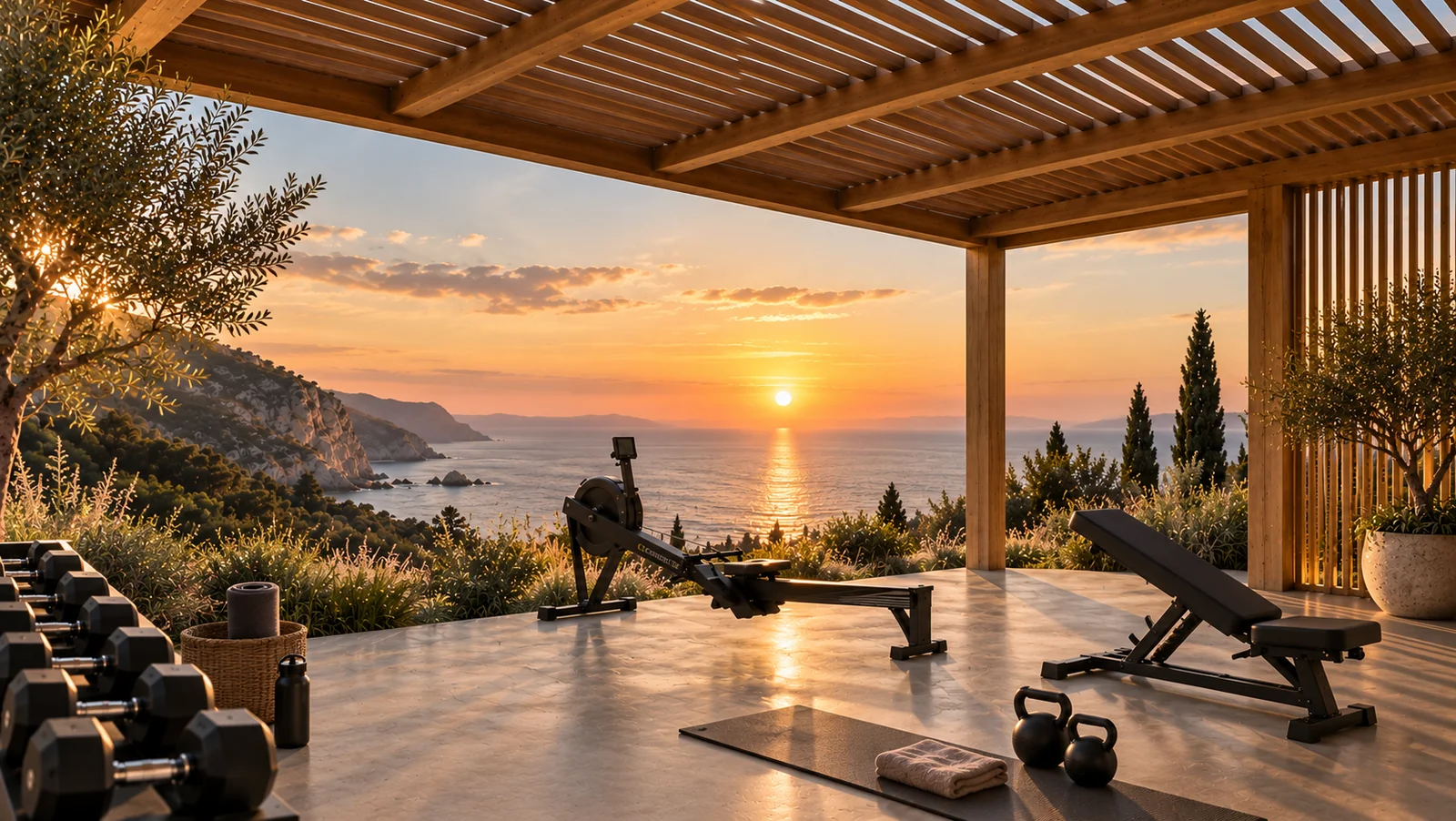 Architectural render of the planned outdoor gym with pergola with a view towards the sea