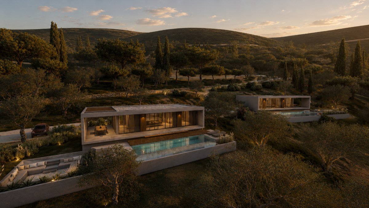Architectural render of both Villas Katsiki and their pools among the olive trees at sunset