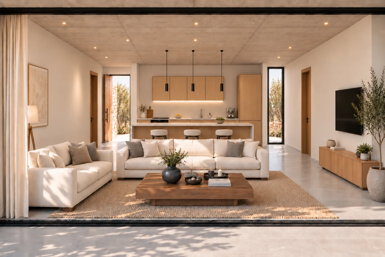 Architectural render looking from the terrace into the living area and kitchen in the shared villa design