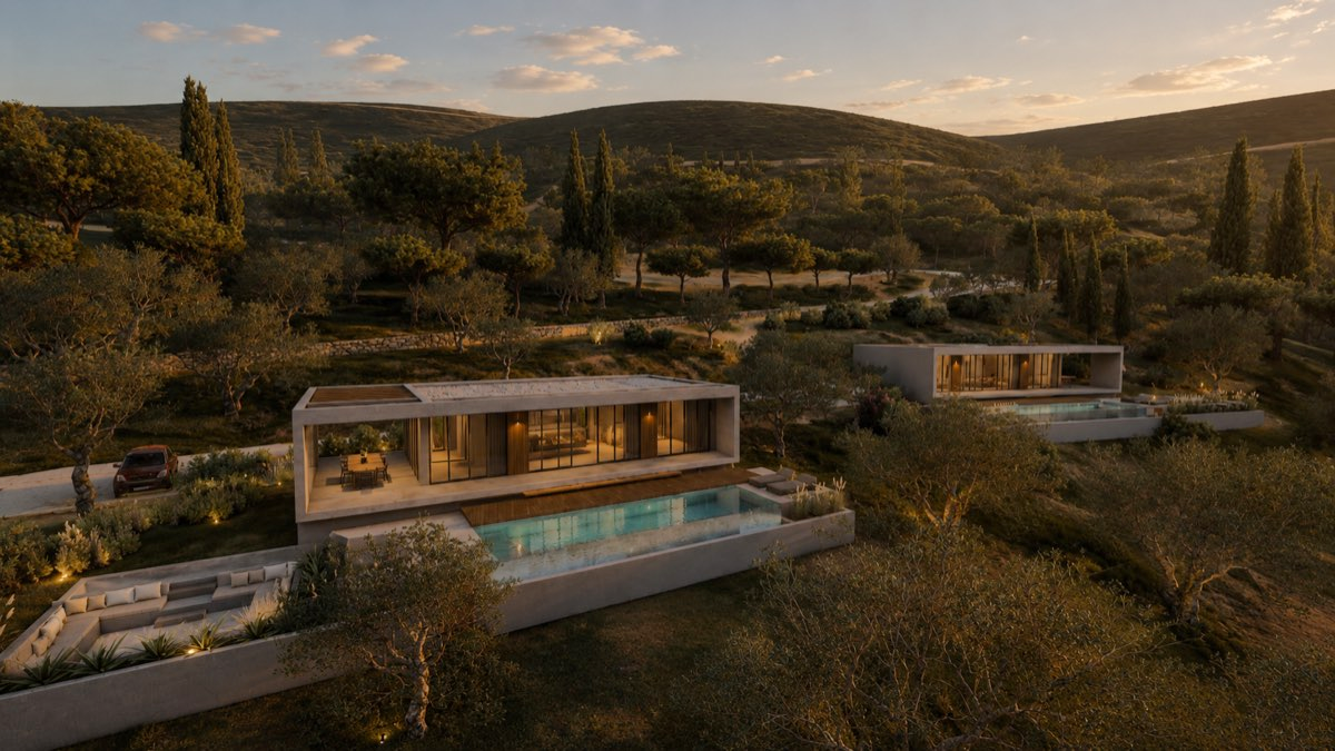 Architectural render of both Villas Katsiki and their pools at sunset