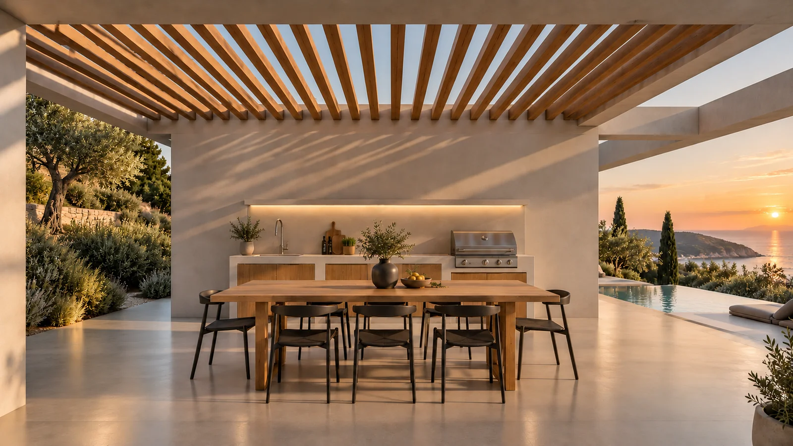 Architectural render of the outdoor kitchen and dining terrace with pool and sunset view