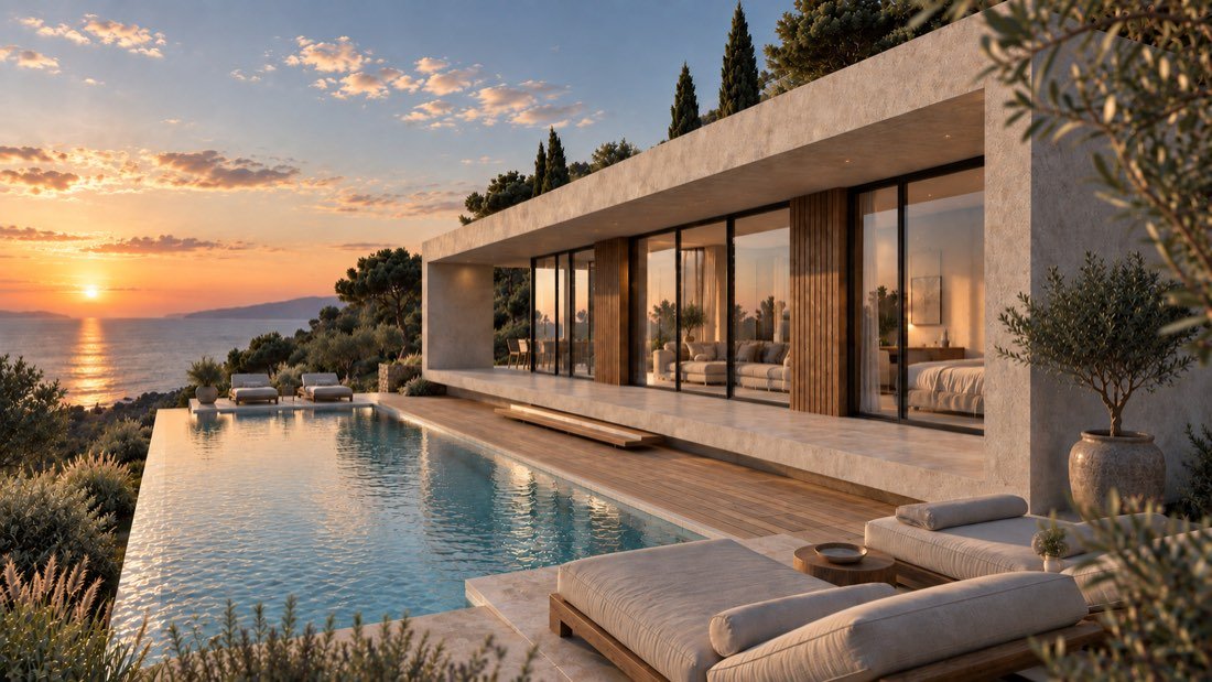 Architectural render of a villa, infinity pool and Ionian Sea at sunset