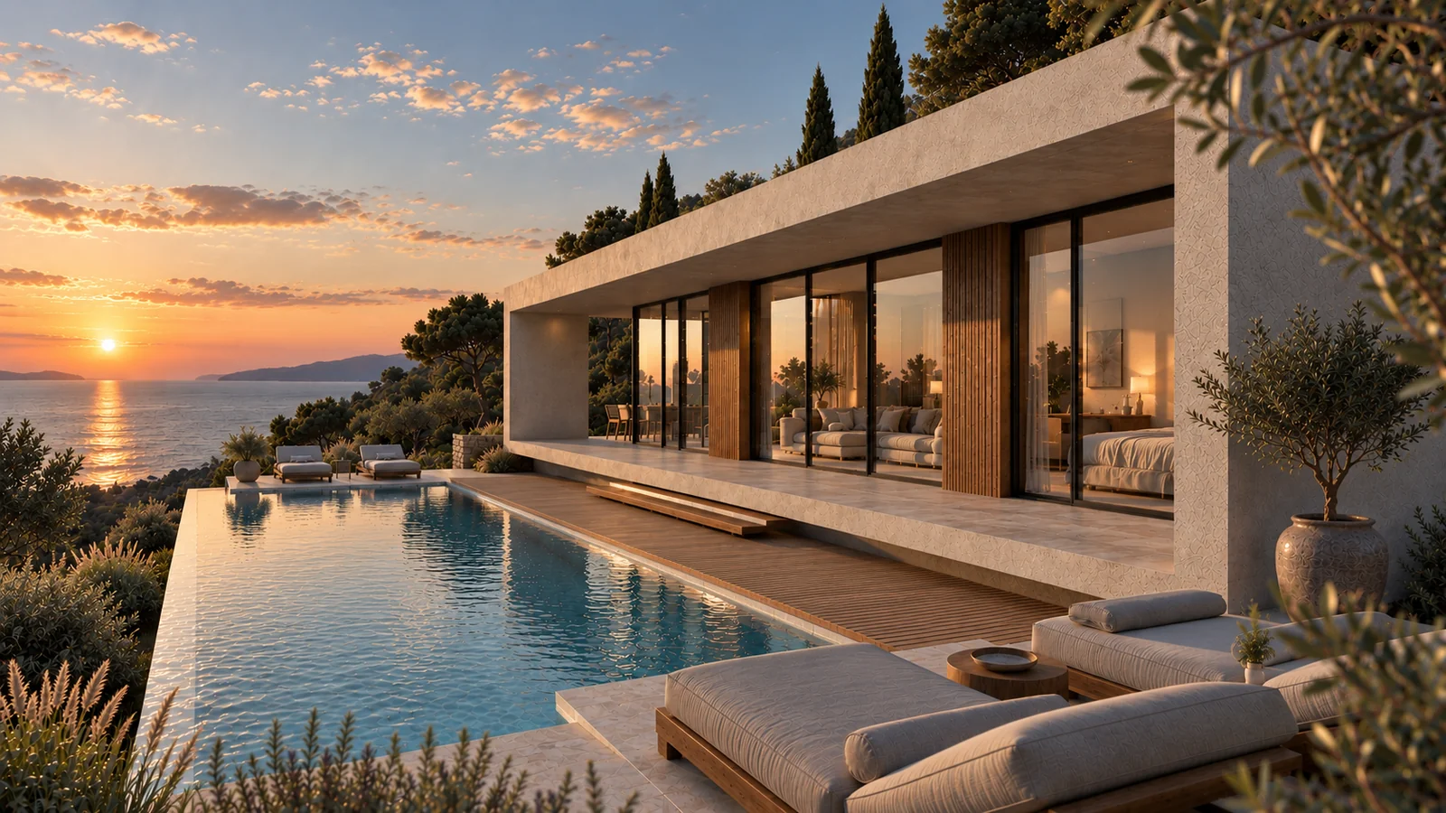 Architectural render of a private pool, timber deck and loungers overlooking the Ionian Sea at sunset