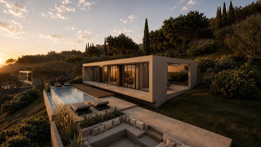 Architectural render of Villa Katsiki I, its pool and terrace from the left at sunset