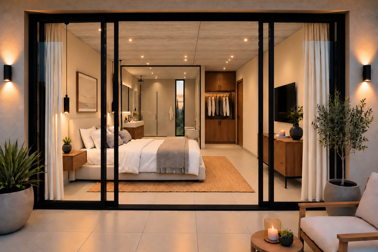 Architectural render looking from the terrace into a bedroom in the shared villa design