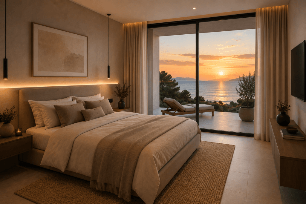 GALLERY 6 Architectural render of Villas Katsiki second bedroom suite with warm evening light