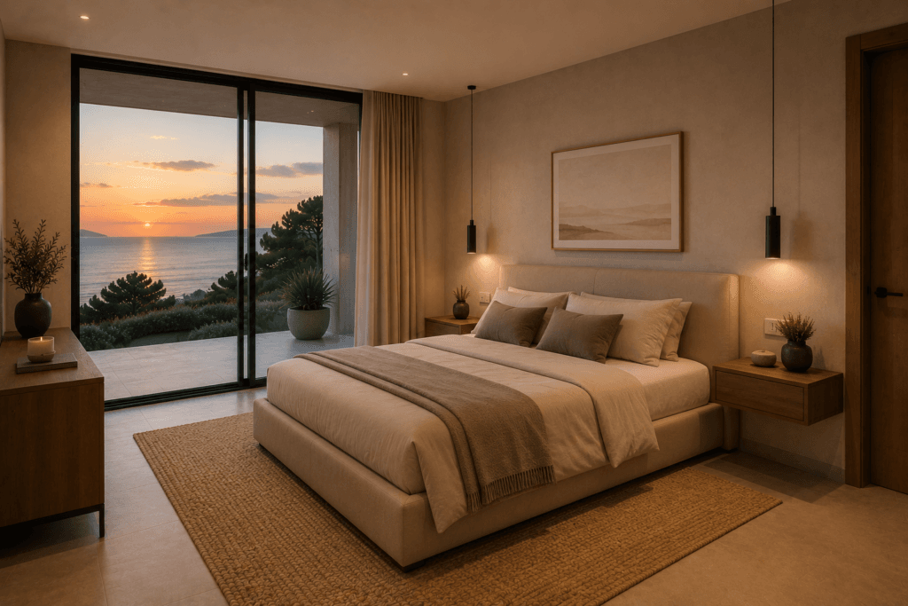 GALLERY 5 Architectural render of Villas Katsiki bedroom with private terrace and sea view