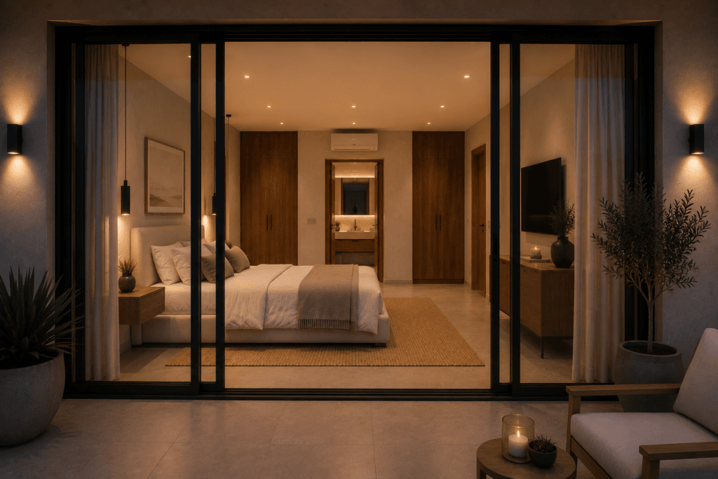 GALLERY 22 Architectural render of Villas Katsiki bedroom atmosphere at night