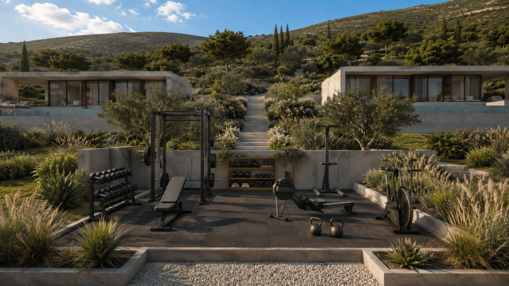GALLERY 10 Architectural render of Villas Katsiki outdoor gym between the villas and olive landscaping