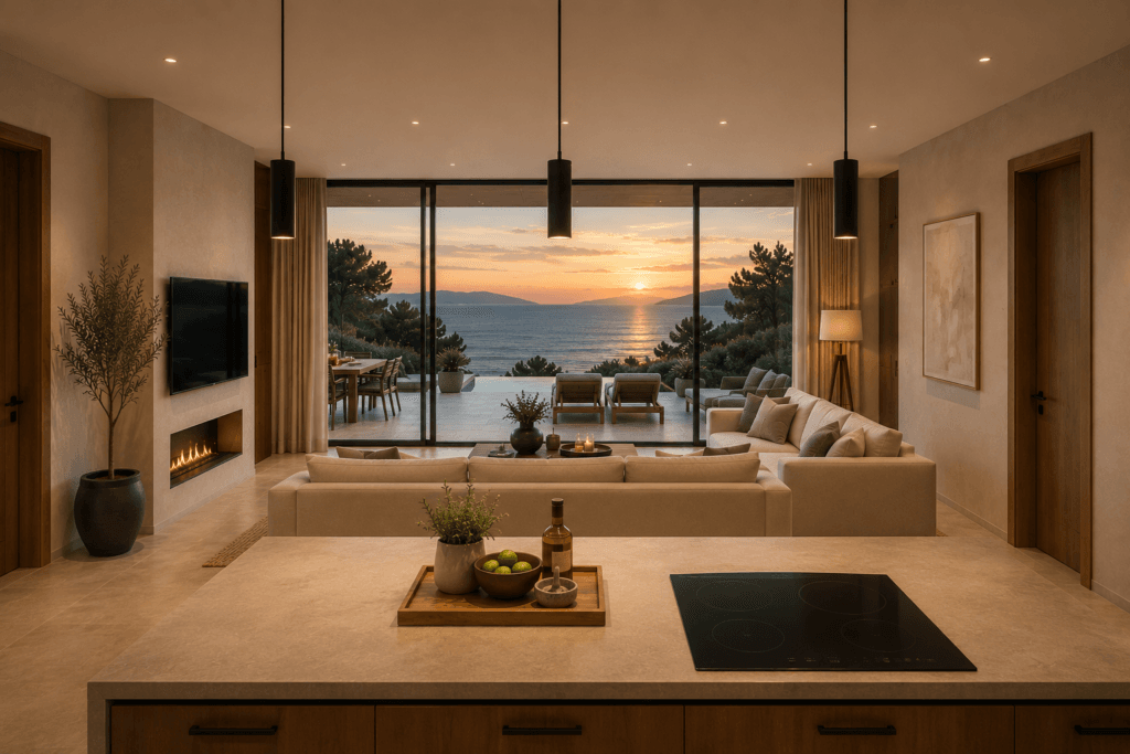 GALLERY 4 Architectural render of Villas Katsiki kitchen and living area with Ionian Sea view