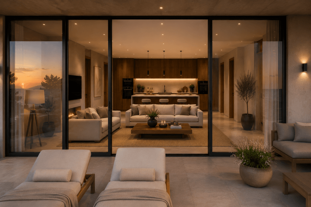 GALLERY 3 Architectural render of Villas Katsiki living room opening to the pool terrace