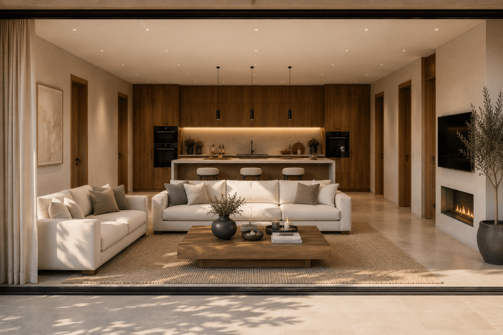 GALLERY 12 Architectural render of Villas Katsiki terrace lounge and interior evening atmosphere