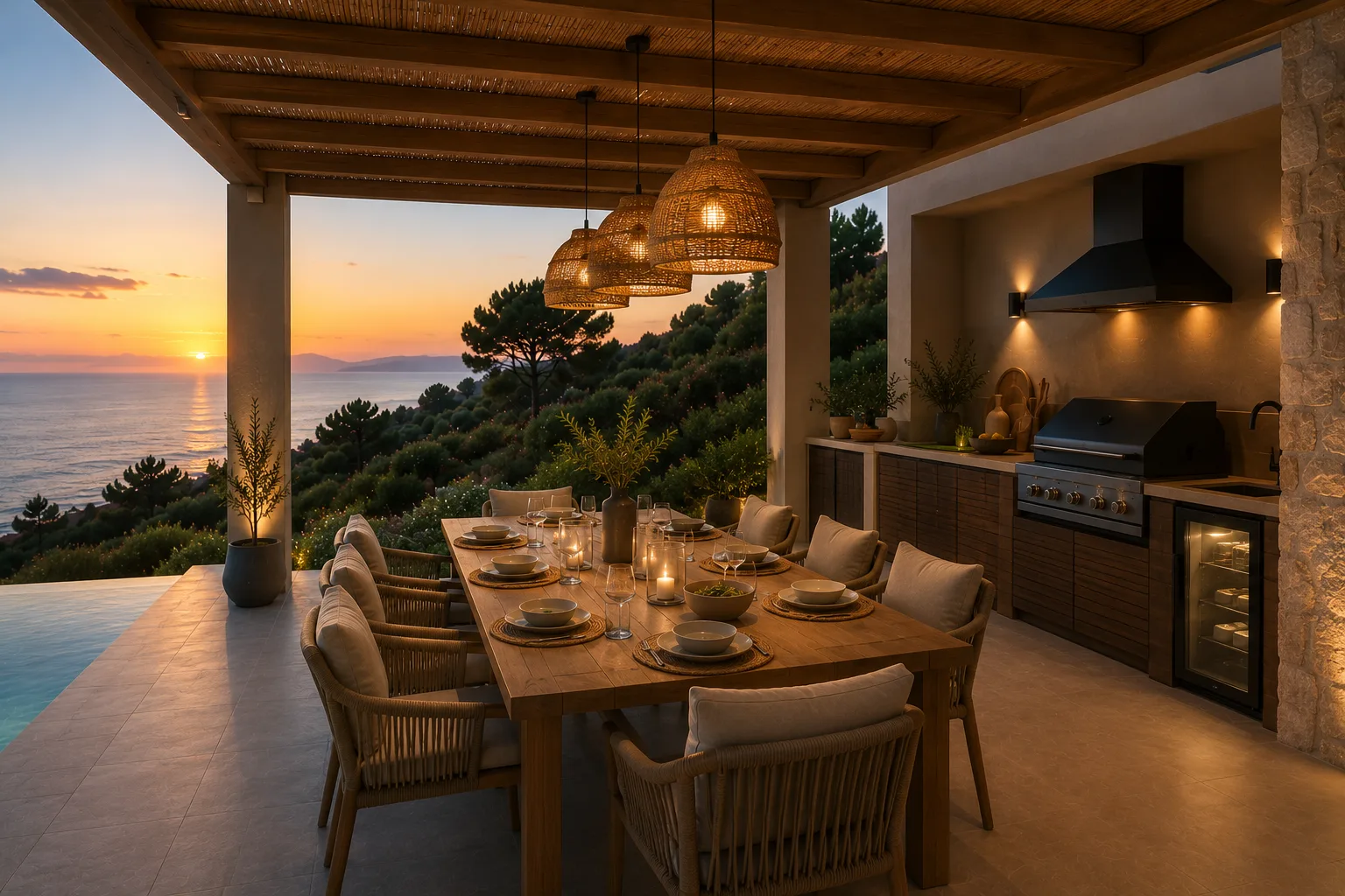 Private chef dinner in an outdoor luxury villa kitchen
