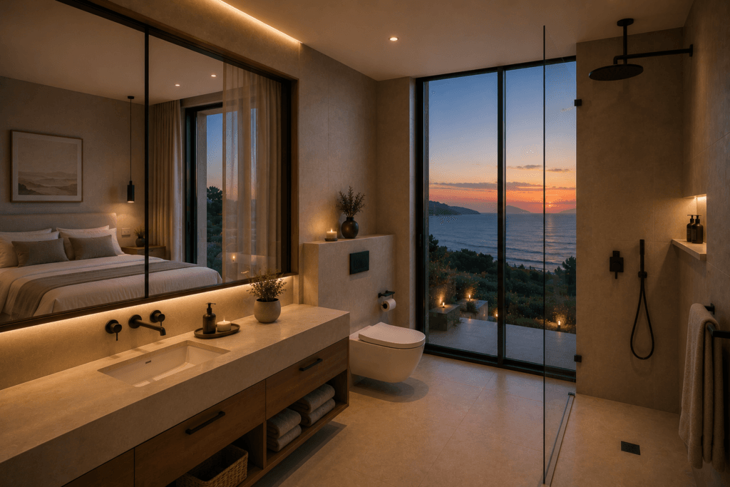 GALLERY 7 Architectural render of Villas Katsiki bathroom with sea view and warm lighting