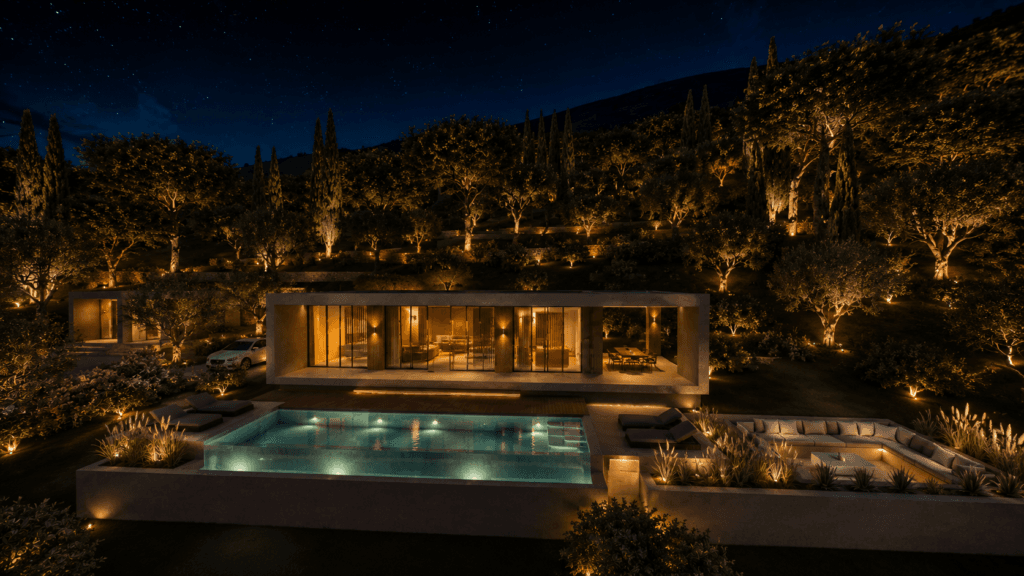 GALLERY 21 Architectural render of Villas Katsiki full night exterior with pool and landscape lighting
