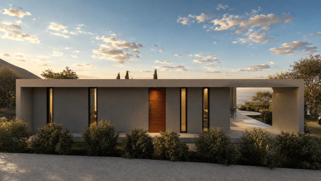 GALLERY 20 Architectural render of Villa I entrance and sunset sea view