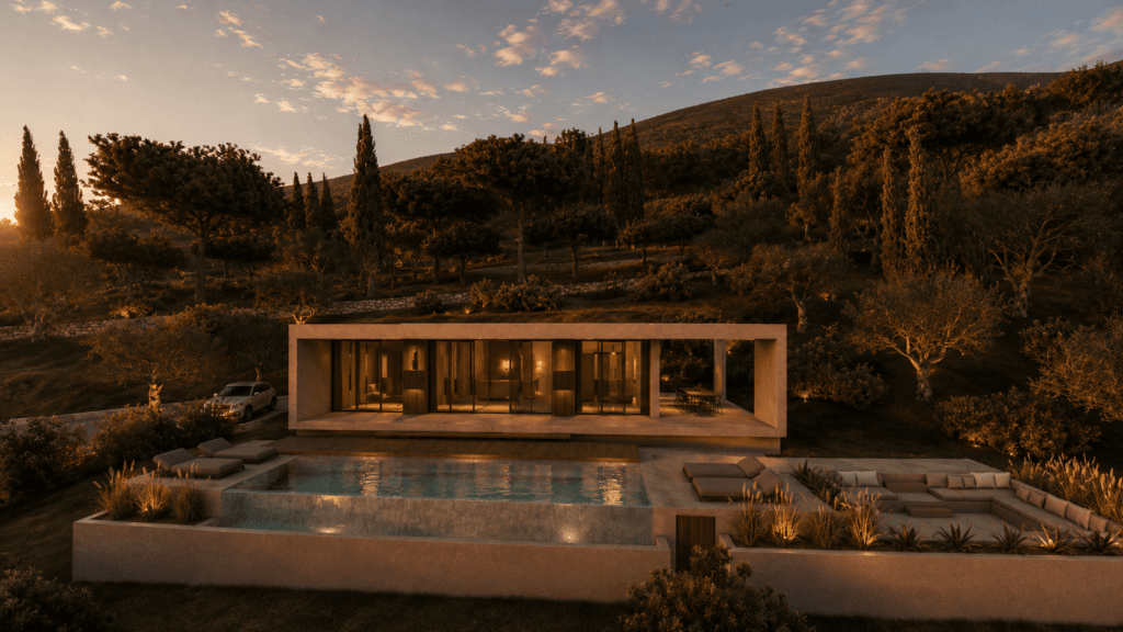 GALLERY 14 Architectural render of Villa I terrace and pool lounge at sunset