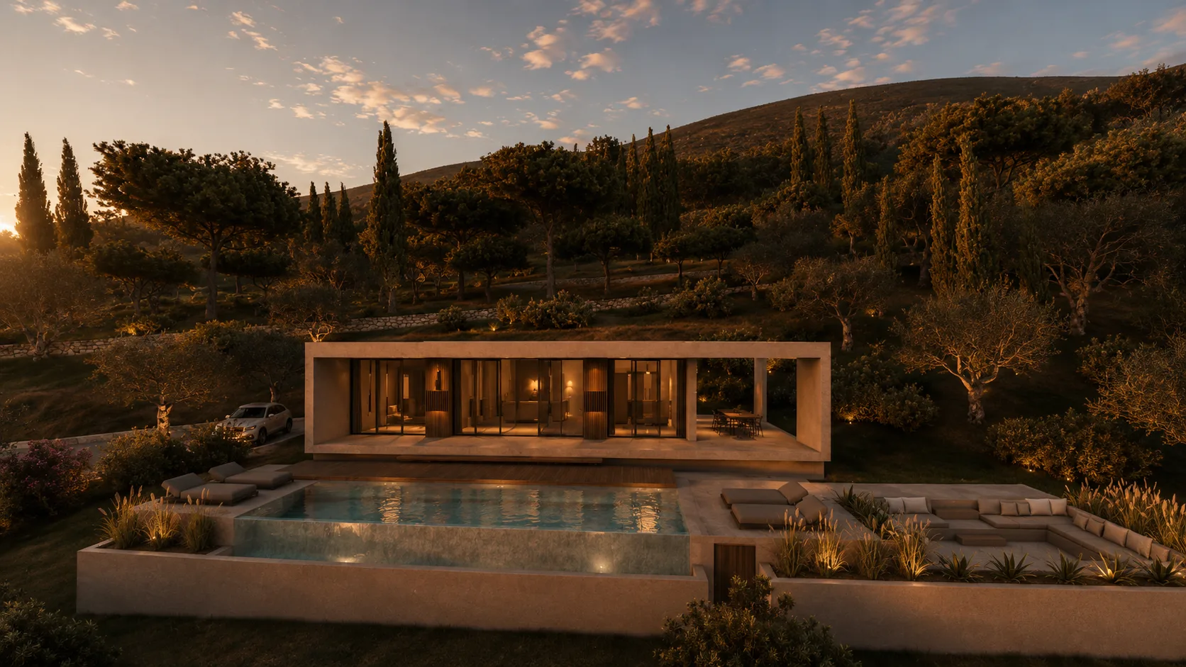 Lefkada villa terrace at sunset for a private wine tasting