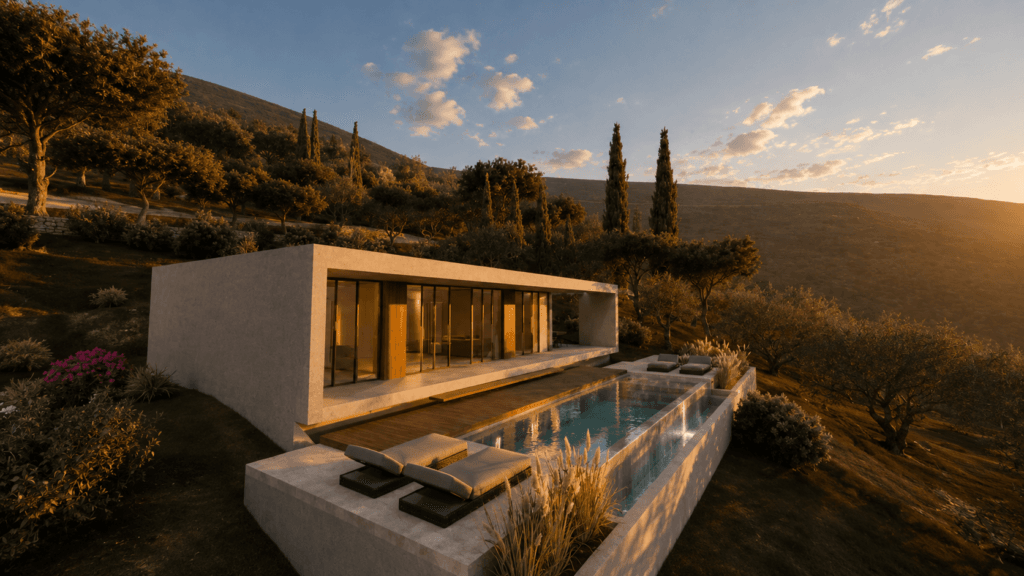 GALLERY 16 Architectural render of Villas Katsiki pool and hillside setting at golden hour