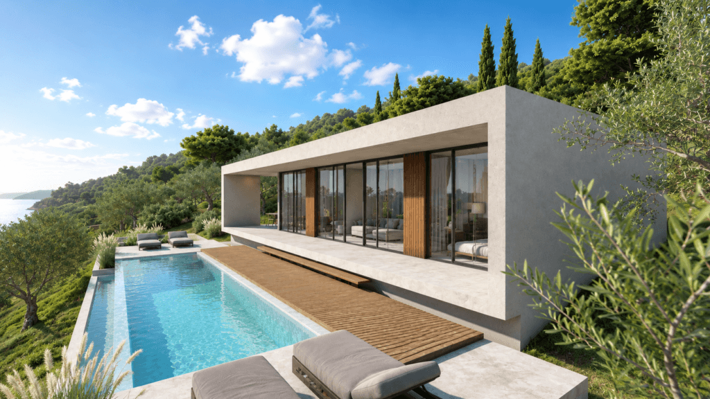 GALLERY 15 Architectural render of Villas Katsiki pool terrace in morning light