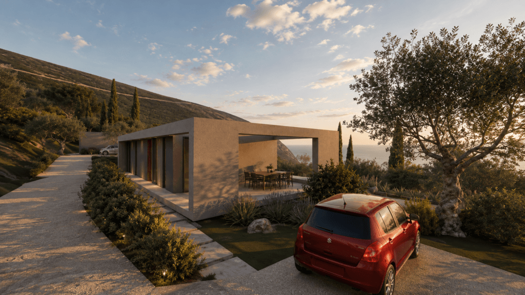 GALLERY 17 Architectural render of Villas Katsiki arrival and pergola side view at golden hour
