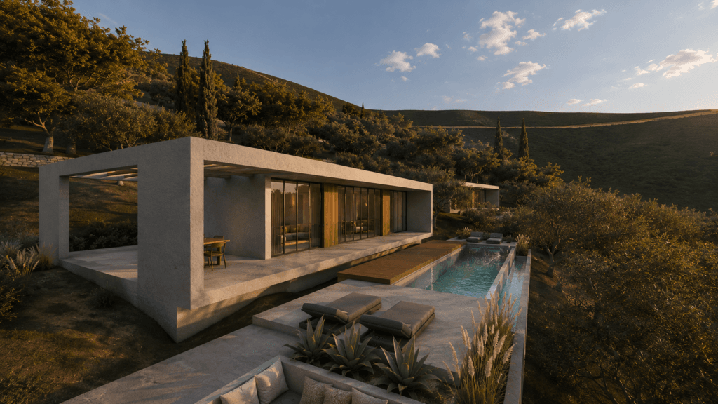 GALLERY 19 Architectural render of Villas Katsiki pool living room and sunset atmosphere
