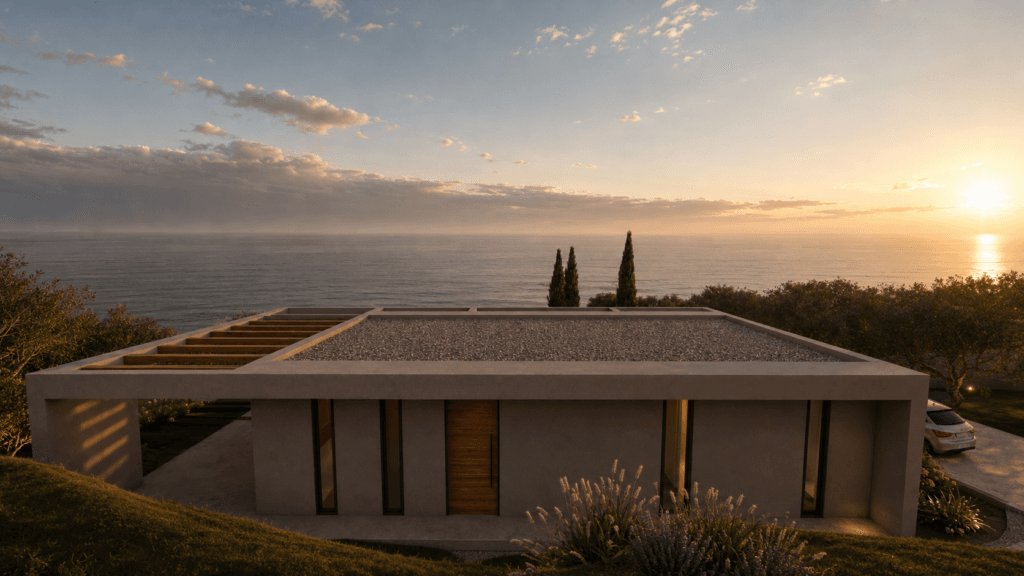 GALLERY 18 Architectural render of Villas Katsiki sea-facing sunset exterior