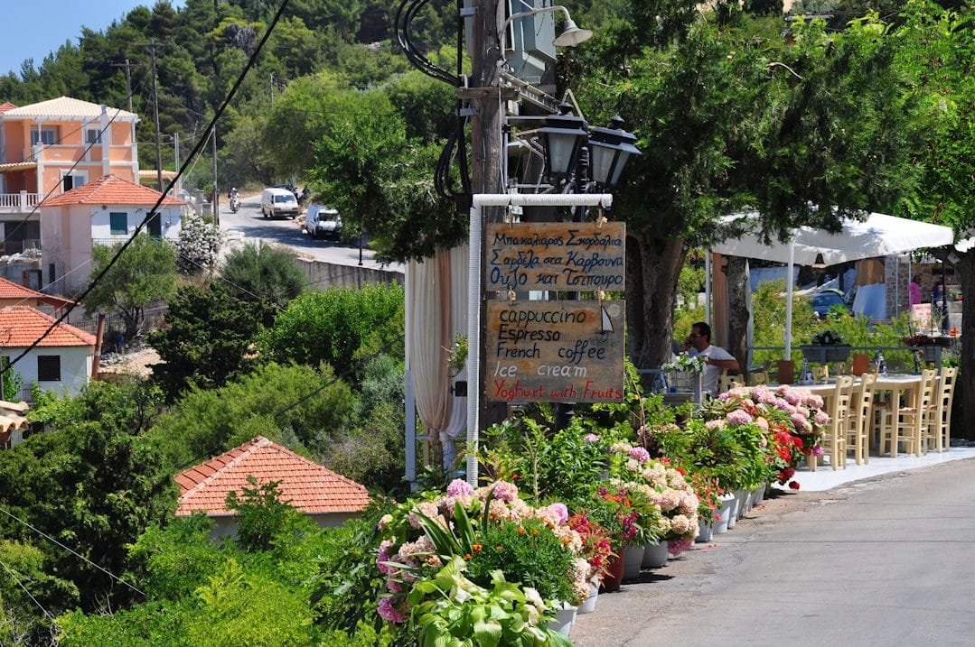 Athani Village Guide for Villas Katsiki Guests 1 Village street and café terrace in Athani, Lefkada