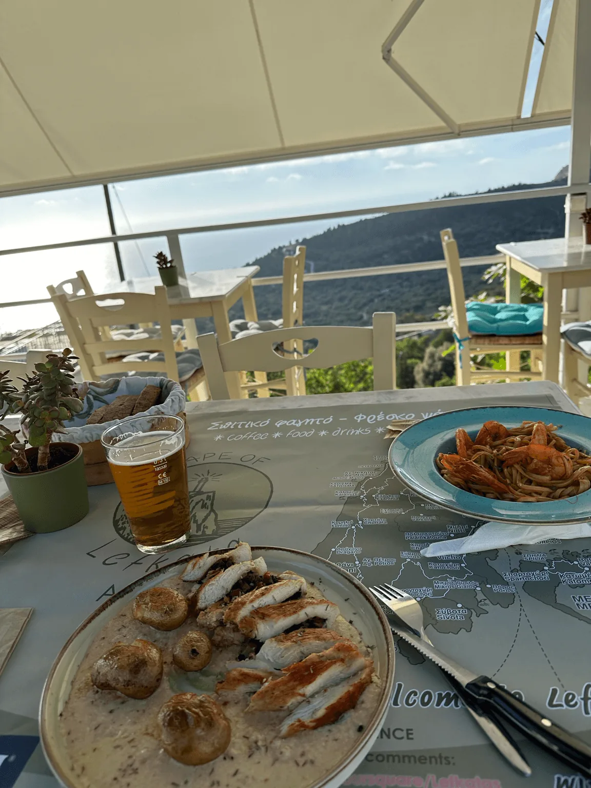 Where to Eat Near Athani: Four Practical Tavernas 2 Grilled chicken and shrimp pasta overlooking the Ionian Sea at Lefkatas Taverna in Athani, Lefkada