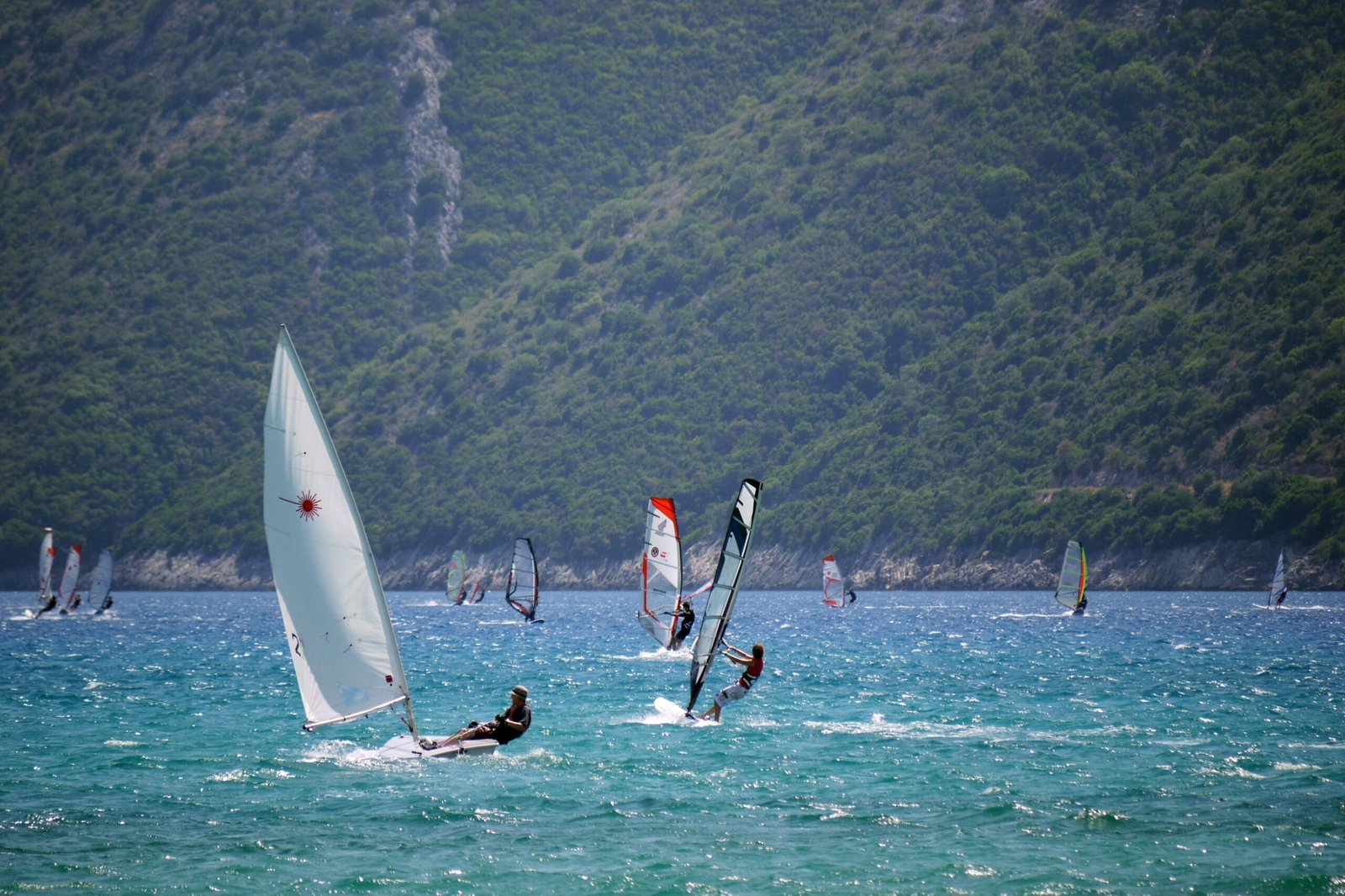Vasiliki Lefkada Guide for Villas Katsiki Guests 1 Windsurfers and sailboats on Vasiliki Bay in Lefkada