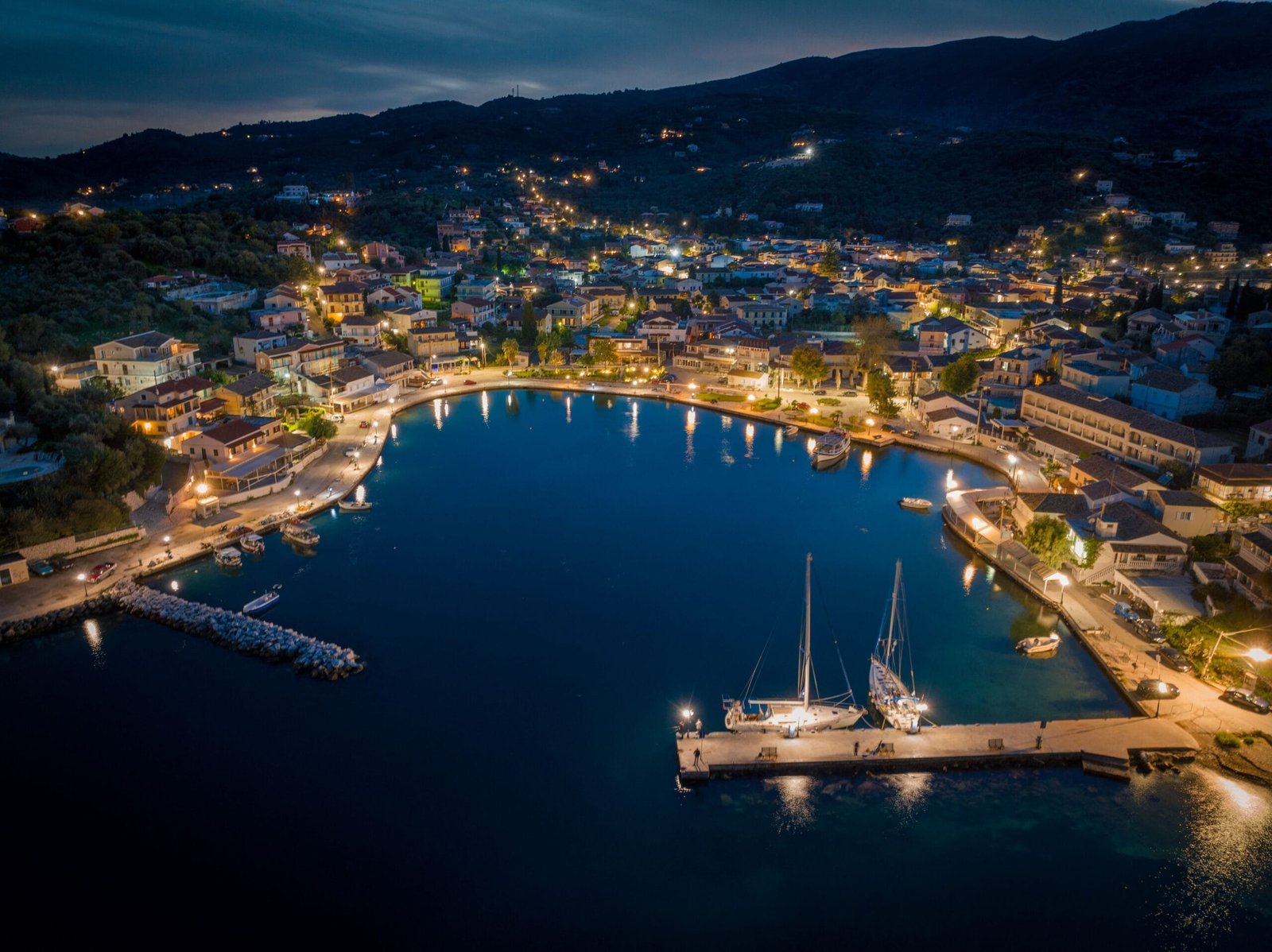 Vasiliki Lefkada Guide for Villas Katsiki Guests 2 Aerial view of Vasiliki harbour and waterfront at night