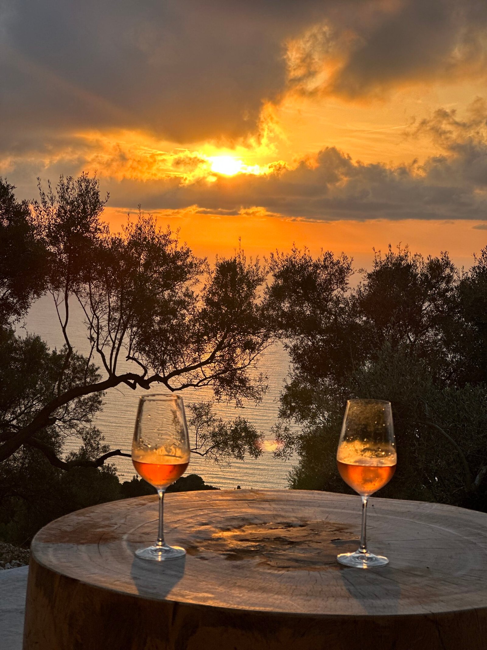Romantic Things to Do Near Porto Katsiki 1 Two glasses of rosé overlooking the Ionian Sea at sunset, framed by olive trees in Lefkada.